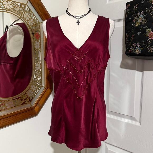 VTG Y2K Alfani Burgundy Red Silk Beaded Lace Vampy Dark Feminine Top 10/M - Picture 3 of 8